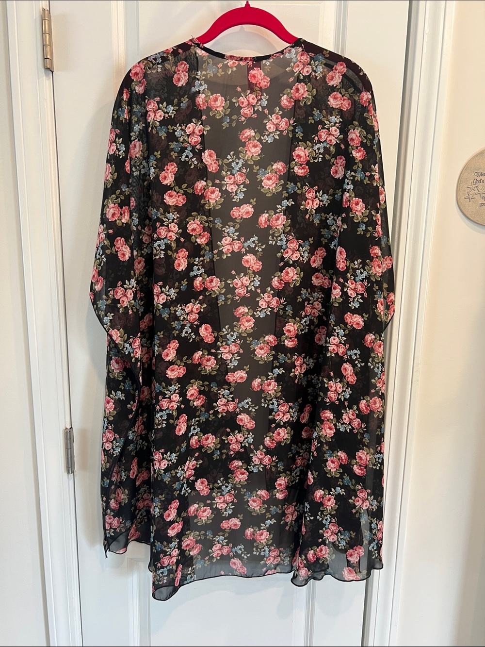 Honeyme Black Sheer Floral Kimono with Pink Roses - Picture 5 of 5